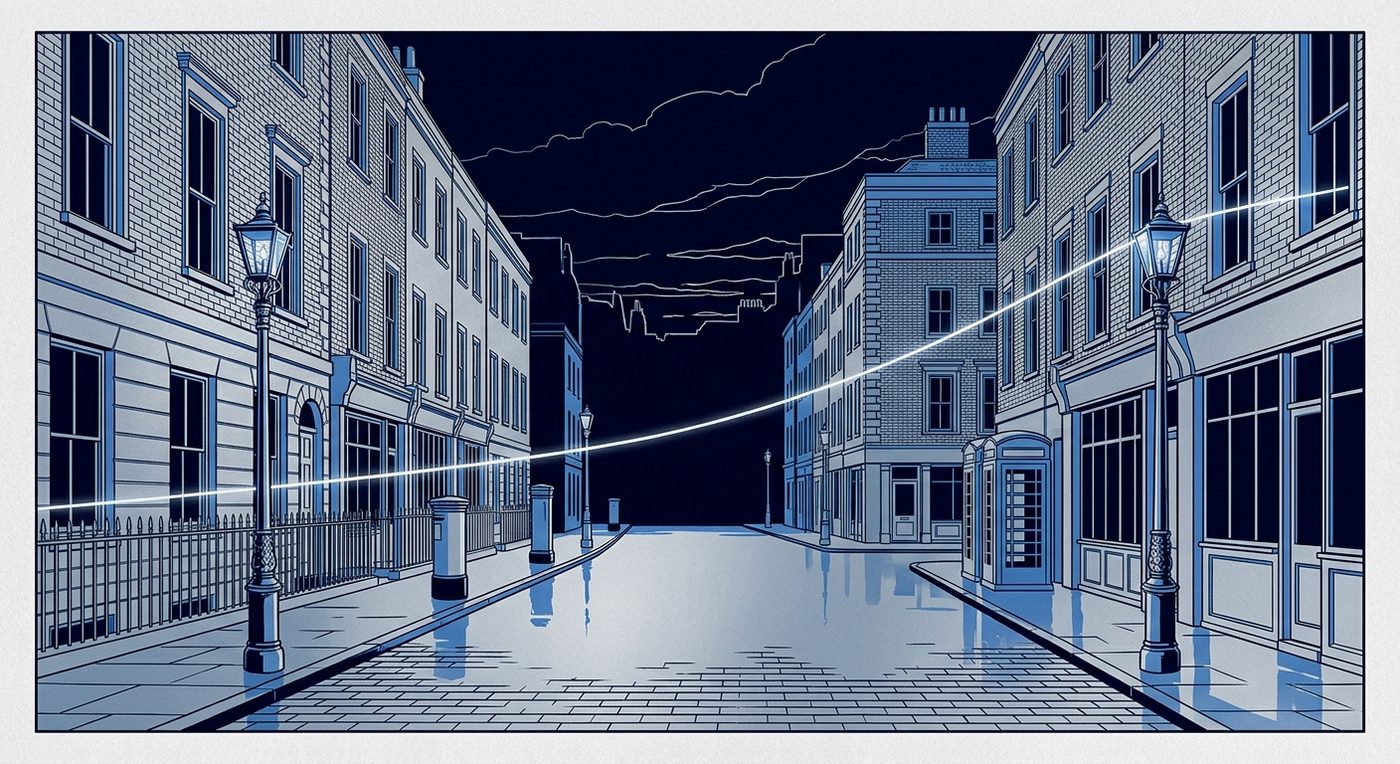 London seen from the Grey: a rain-slicked terraced street drained to silver and electric blue, with a thin line of mercury light crossing the frame.