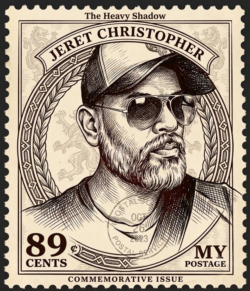 Commemorative postage stamp illustration of Jeret Christopher, author of The Heavy Shadow